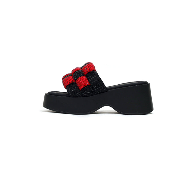 Women's Black White Chessboard Plaid Platform Height Slippers