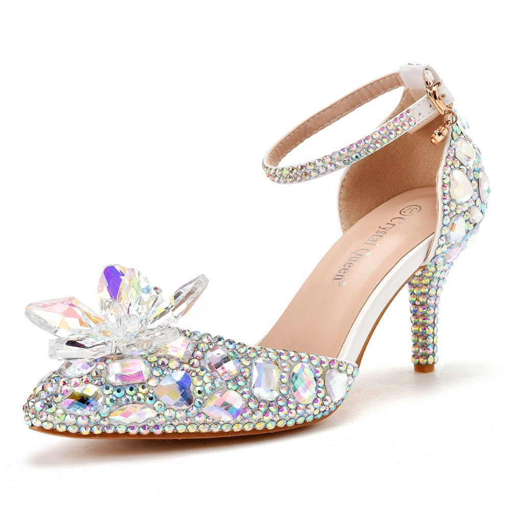 Women's Plus Size Stiletto Pointed Crystal Glass Flower High Champagne Heels