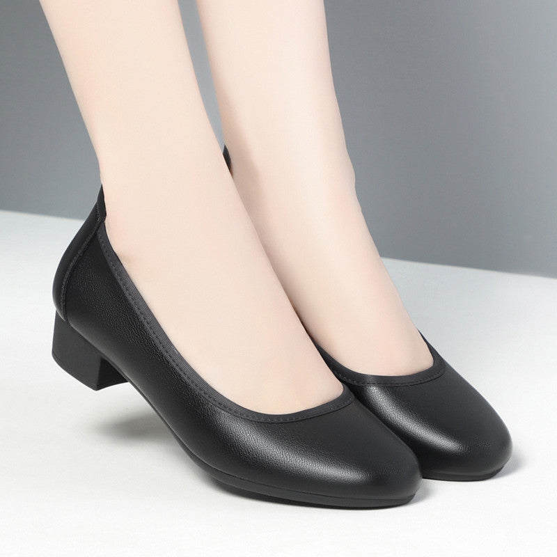 Women's Tired Feet Black Chunky Mid Hotel Shallow Mouth Casual Shoes