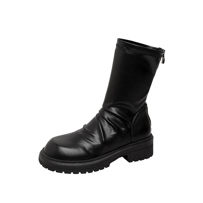 Women's Round Toe Pleated Back Zipper Pile Boots