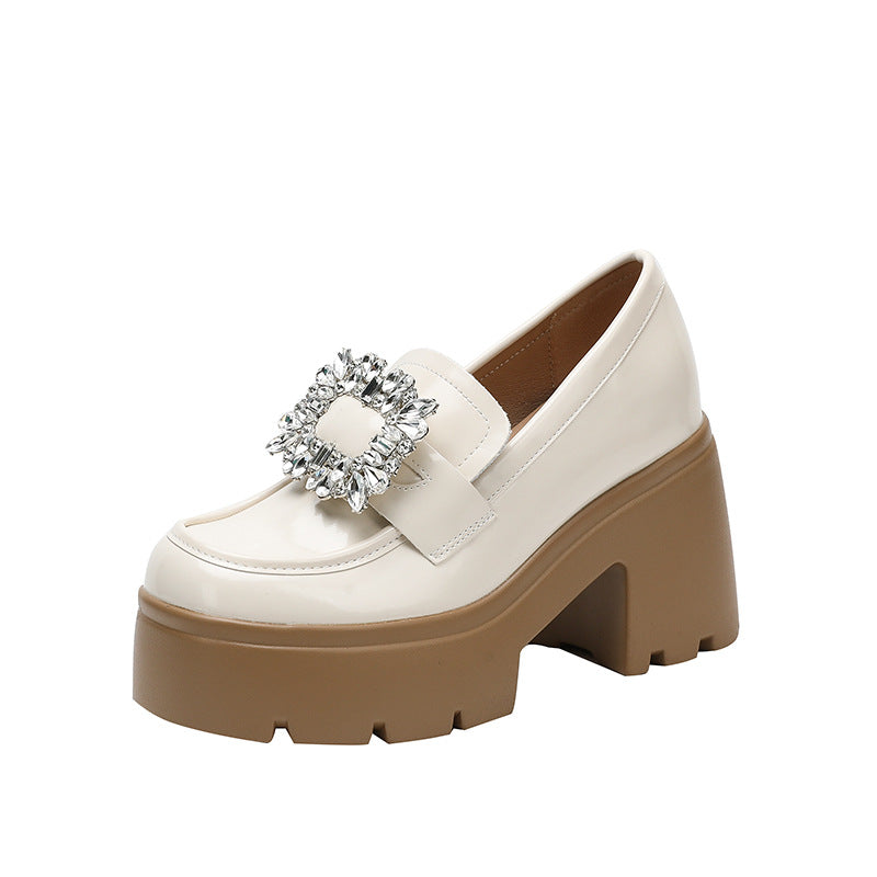 Women's Increasing Insole British Style Rhinestone Square Buckle Loafers