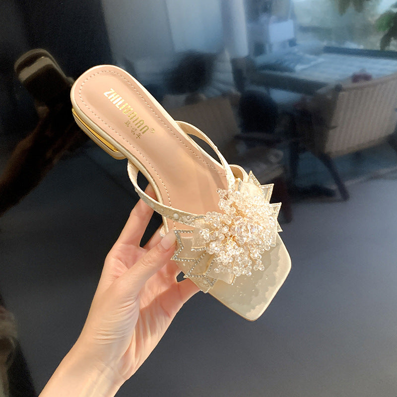 Women's Flower Summer Korean Style Square Toe Chunky Plus Heels