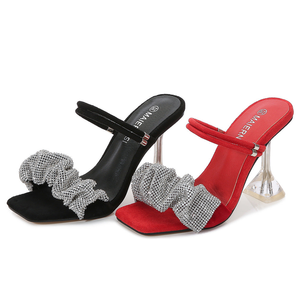 Women's Summer Hollow Korean Style Two-way Crystal High Stilettos Square Heels