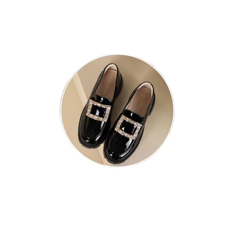 Women's Pedal Patent British Style Flat Bottom Rhinestone Square Loafers