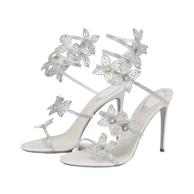 Rhinestone Flower Ankle Winding Round Toe Stiletto Plus Heels