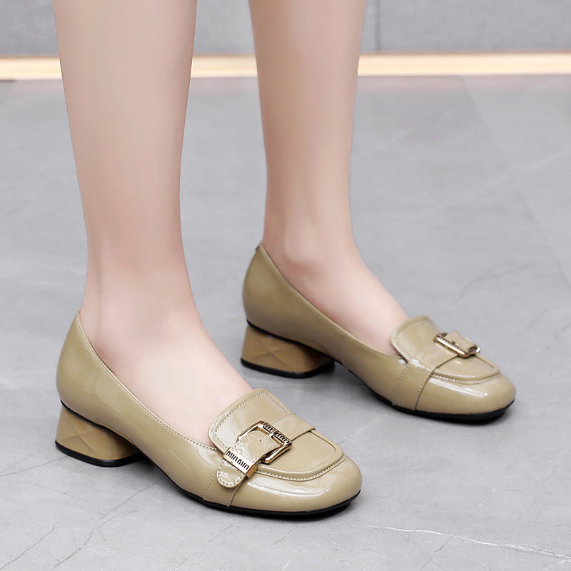 Women's Patent Square Toe Thick With British Style For Leather Shoes