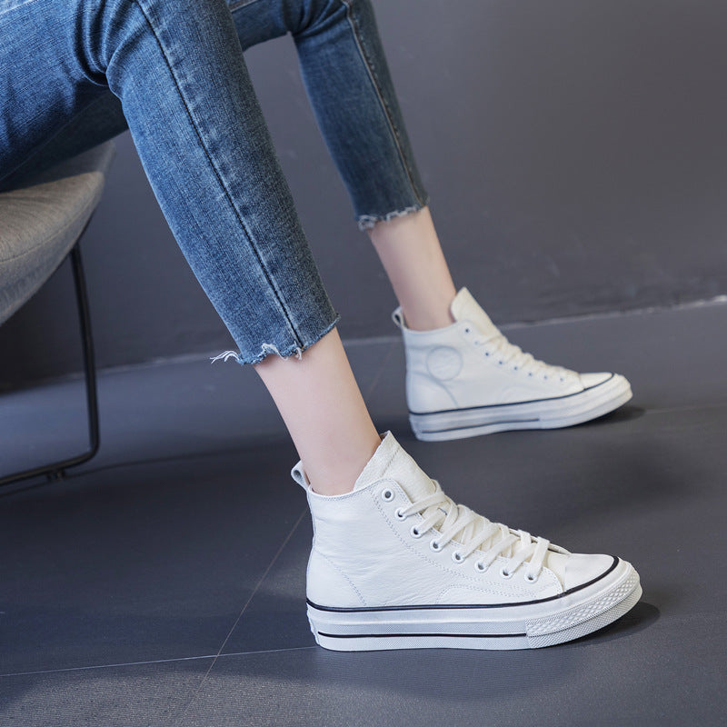 Women's & Men's High Top White Cowhide Flat Round Sneakers