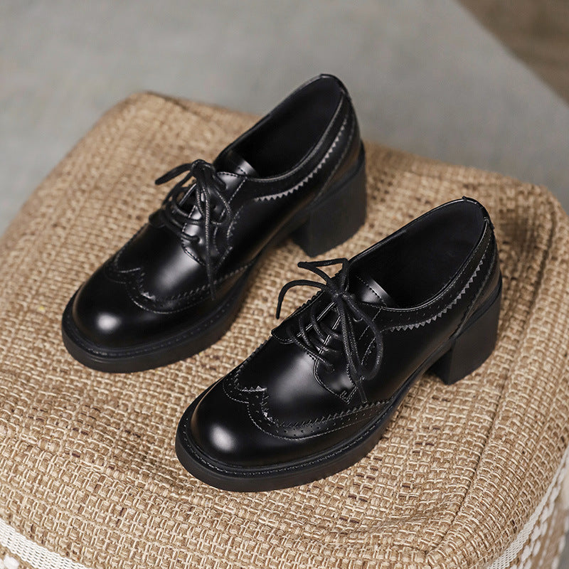Women's Autumn Platform Thick Bottom Carved Round Leather Shoes