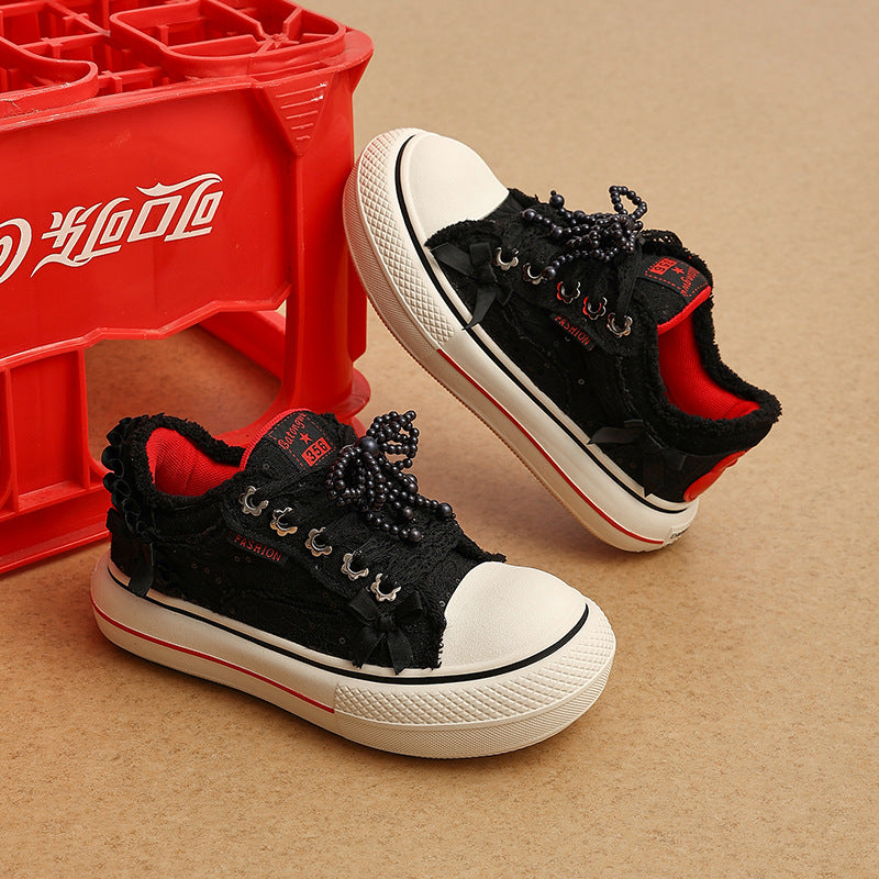 Women's Surface Thin Breathable Lace Pearl Platform Sneakers