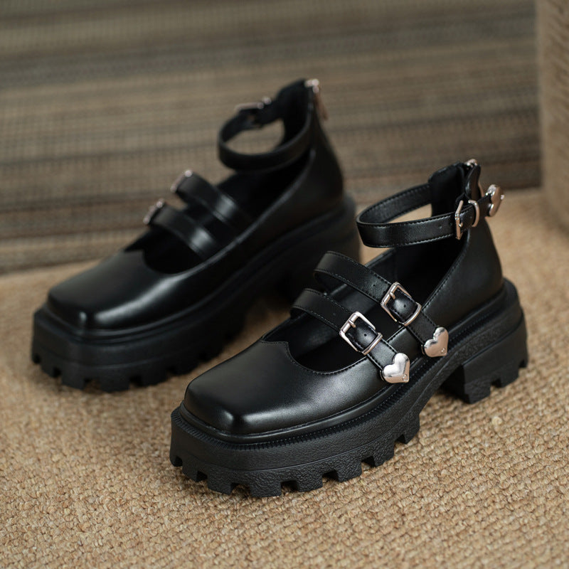 Women's Jane Preppy Style Black Square Toe Platform Muffin Women's Shoes