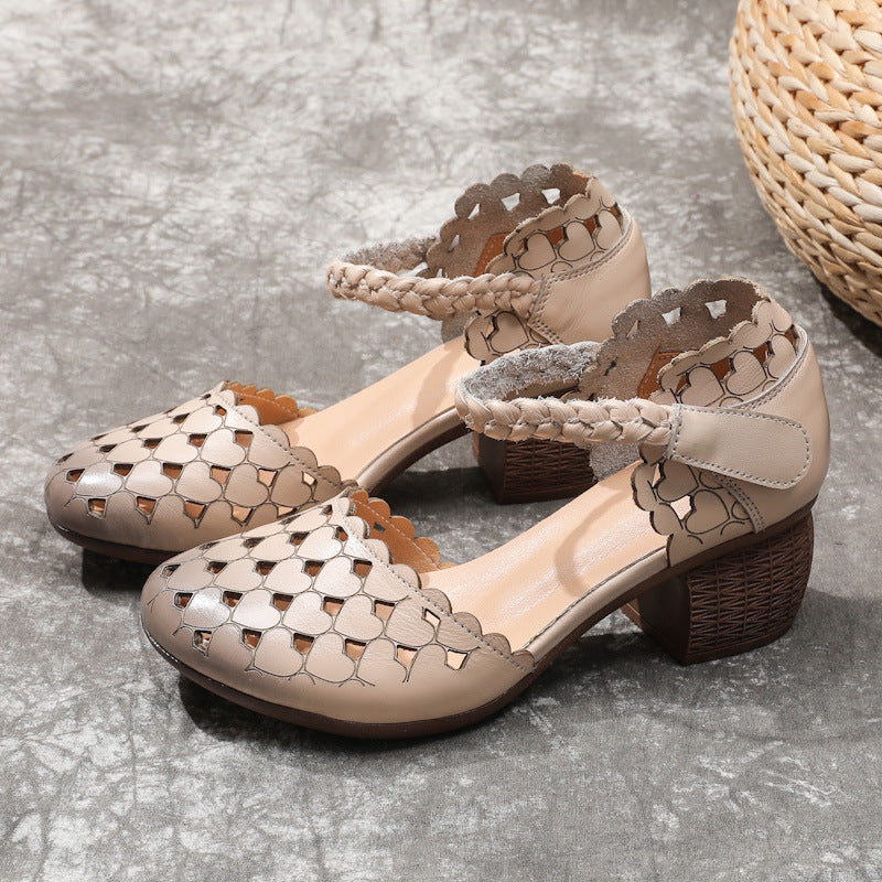 Women's Hollowed Heart Punch-hole Thick Mid Soft Heels