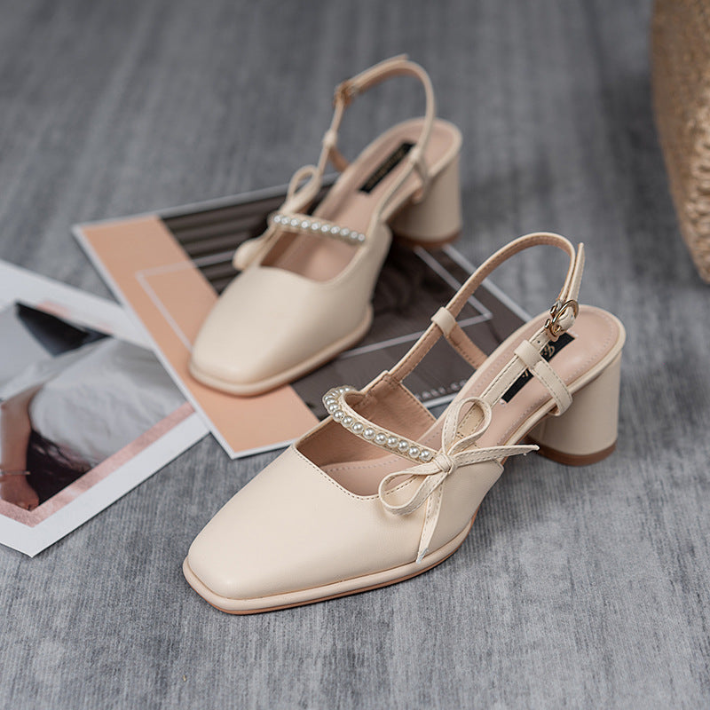 Style Chunky Spring Pearl Mid Back Empty Bow Heels