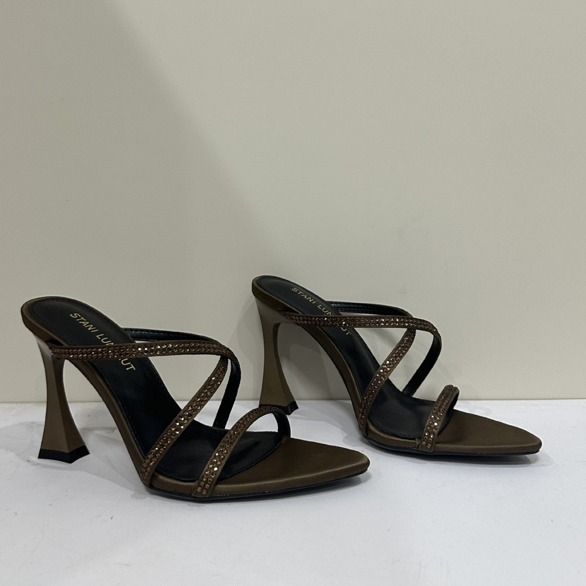 Black Satin Cross Rhinestone Pointed Sexy Heels