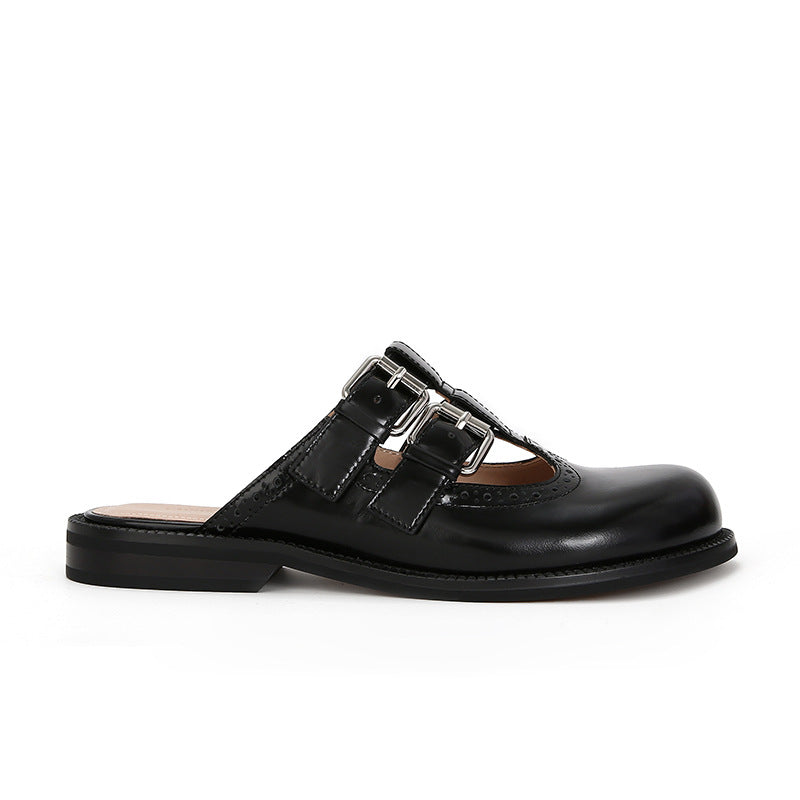 Women's Round Head Double Buckle Lazy Pump Mules Slippers