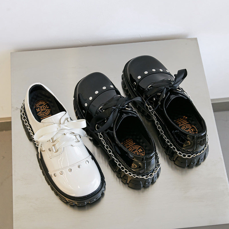 Women's Genuine Platform Fashion Chain Retro Single Leather Shoes