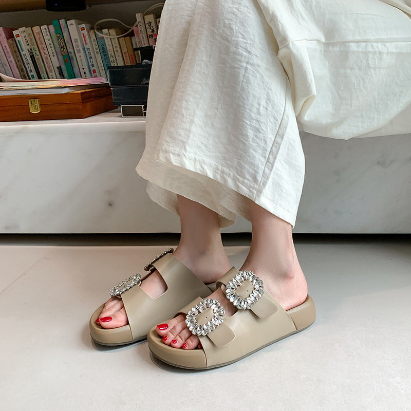 Women's Rhinestone Genuine Double Strap Small Platform Summer Sandals