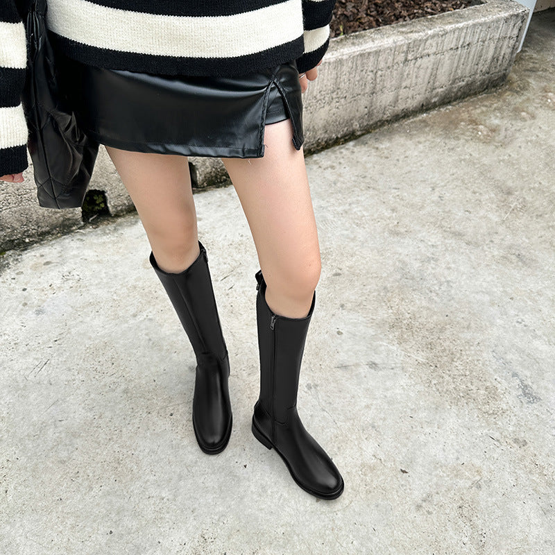 Women's Zipper High Leg Slimming Flat Chunky Boots