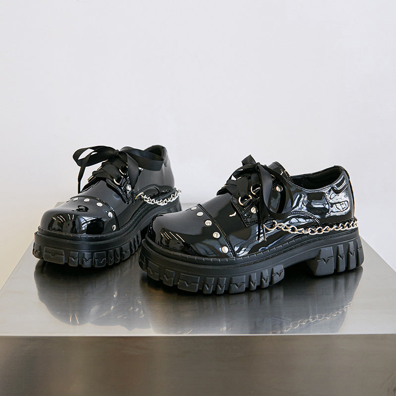 Women's Genuine Platform Fashion Chain Retro Single Leather Shoes