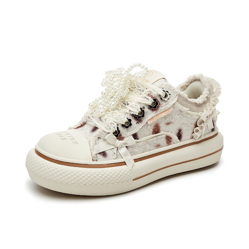 Women's Surface Thin Breathable Lace Pearl Platform Sneakers