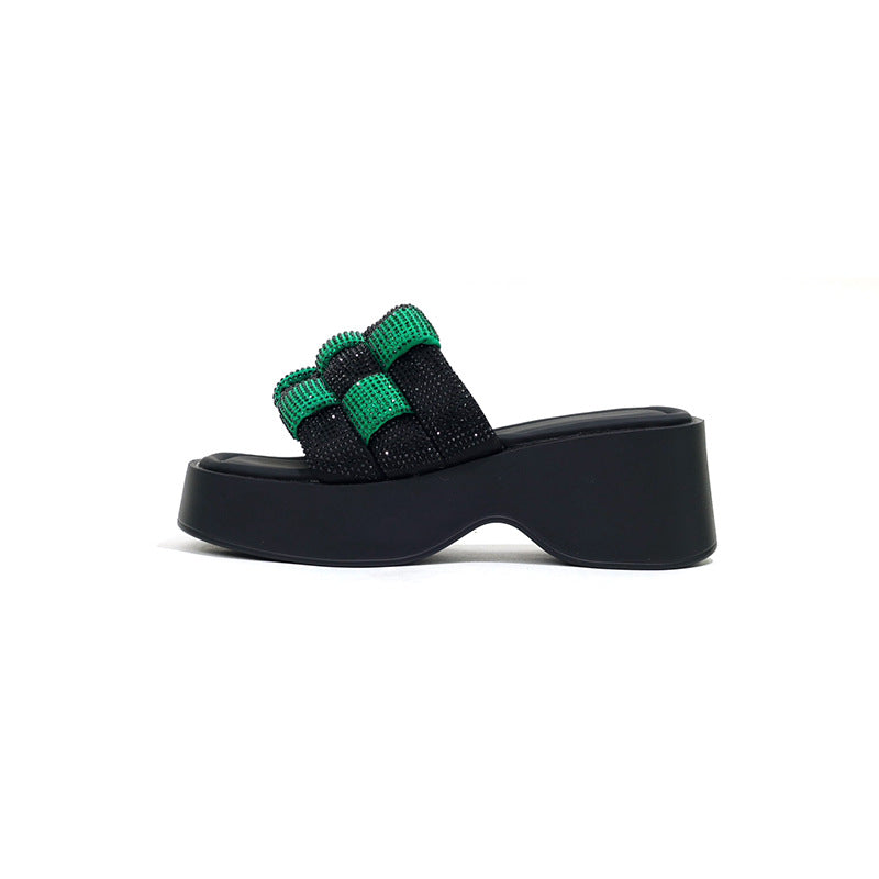 Women's Black White Chessboard Plaid Platform Height Slippers