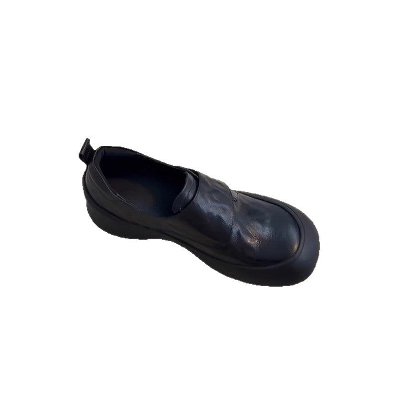 Women's Cowhide French Style Platform Slip-on Soft Bottom Commuter Black Women's Fashion Shoes
