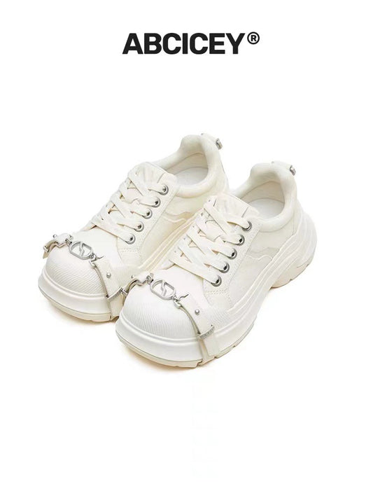 Women's Chocolate Engraved White Platform Height Increasing Sneakers