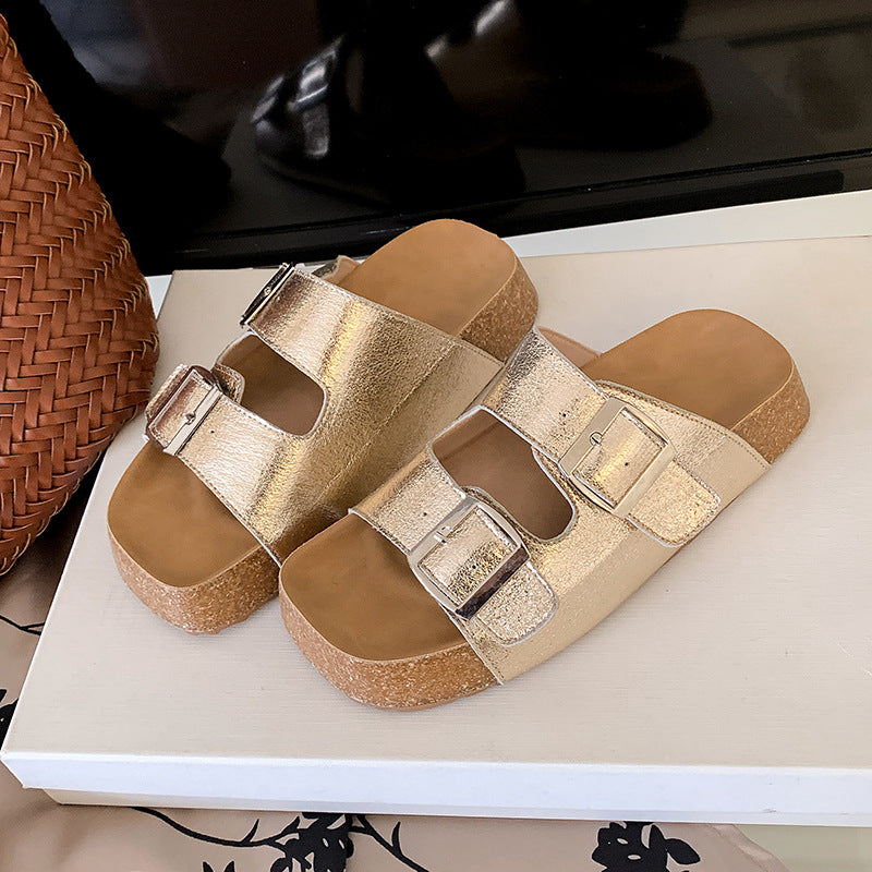 Women's Cowhide Version Mini Vintage Buckle Platform Slippers