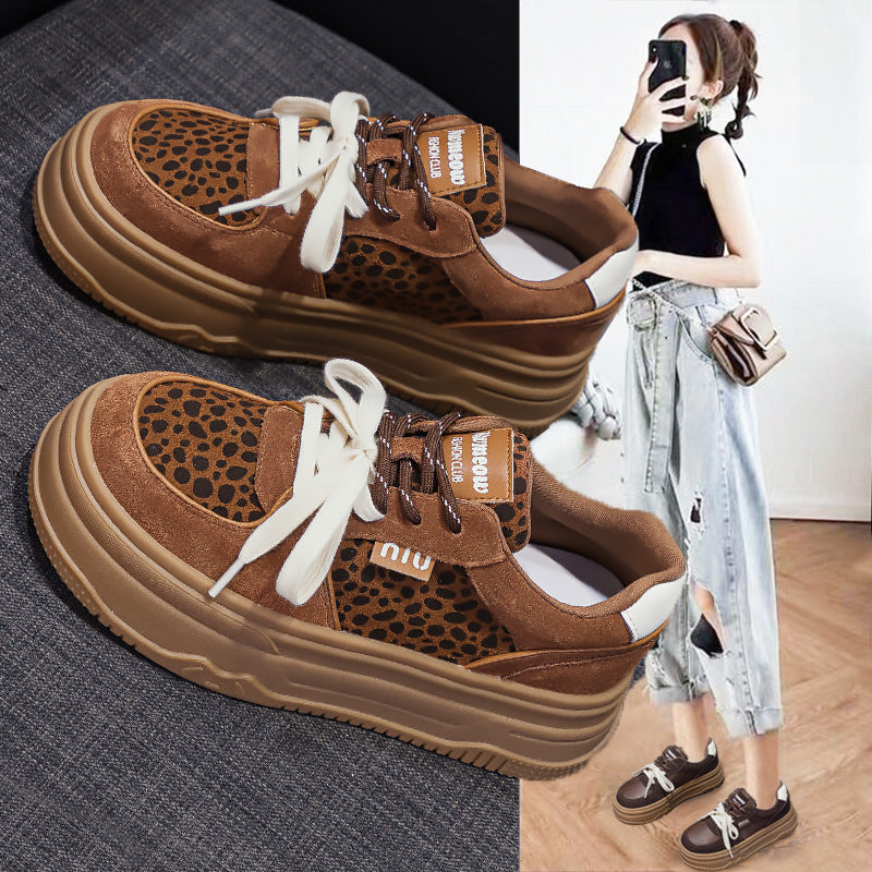 Women's White Korean Height Increasing Sports Leopard Sneakers