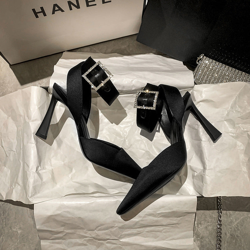 Rhinestone Square Toe High Chunky Closed Heels