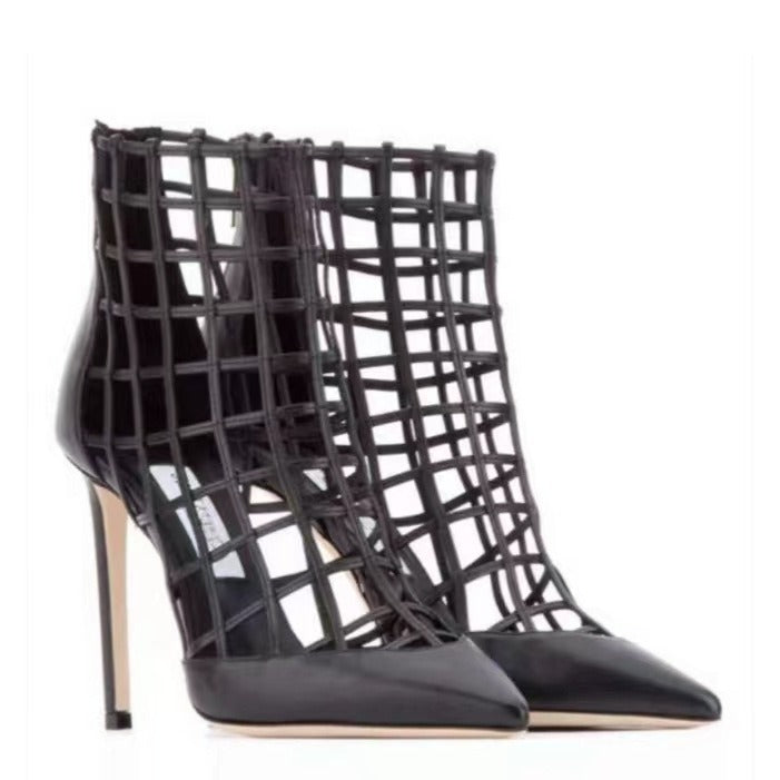 Women's Pointed High Pierced Black Stiletto Ankle Heels