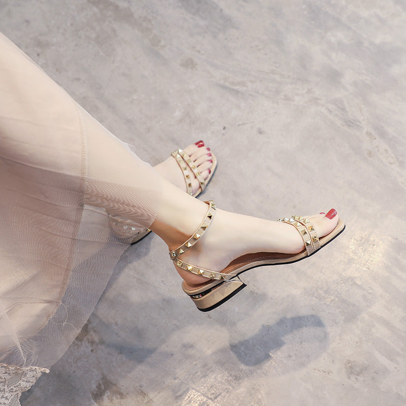 Women's Roman Rivet Chunky Summer Low Strap Fairy Heels