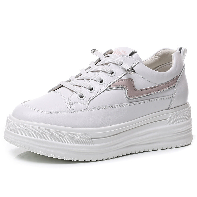 Women's White Spring First Layer Cowhide Thick-soled Casual Shoes