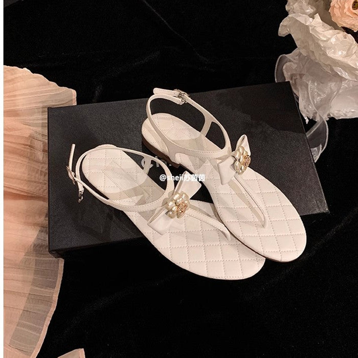 Women's Sheepskin Classic Style Pearl Flip-flops Flat Summer Sandals