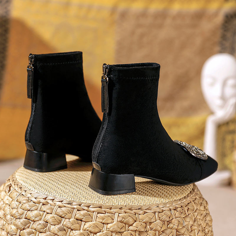 Women's Square Toe Suede Short Thick Middle Boots