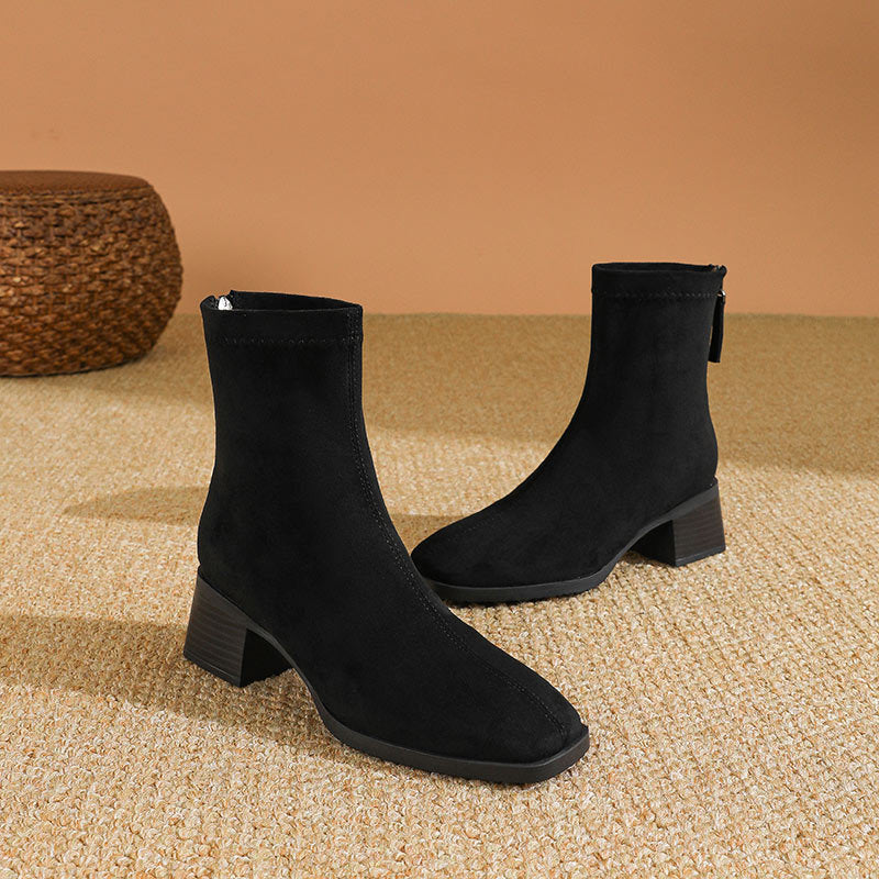 Women's Short Elegant Suede Square Head Slimming Boots