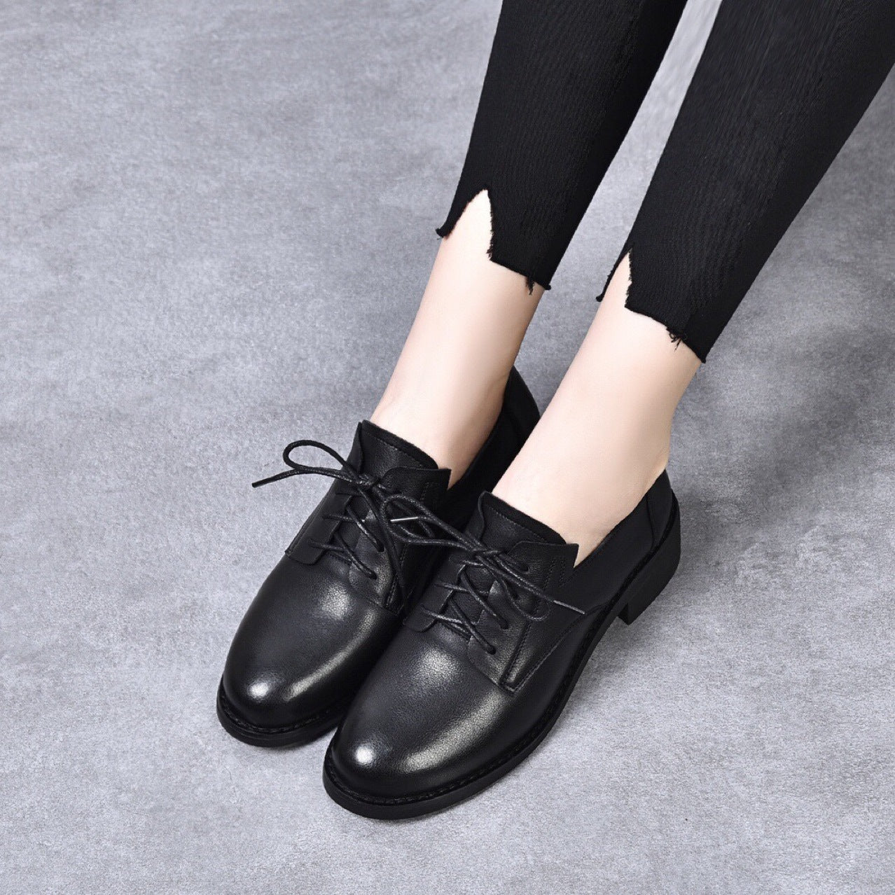 Women's British Style Soft Black Chunky Preppy Leather Shoes