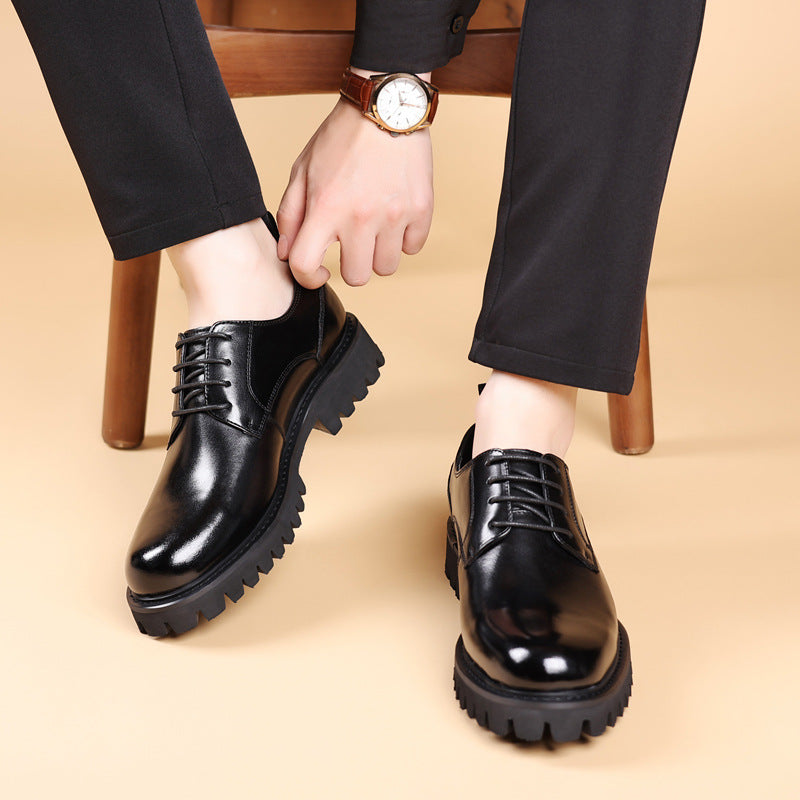 Business British Round Head Elevator Soft Leather Shoes