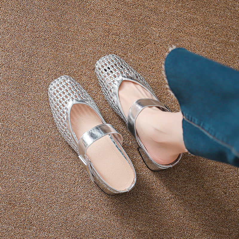 Women's Weaving Hollow Mary Jane Height Increasing Heels
