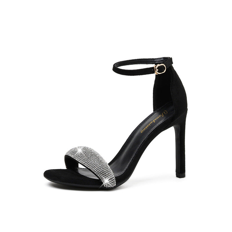 Women's Summer High Stiletto Round Toe Strap Crystal Open Heels