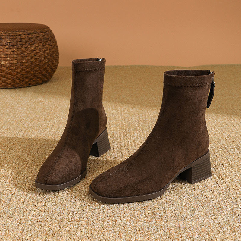 Women's Short Elegant Suede Square Head Slimming Boots