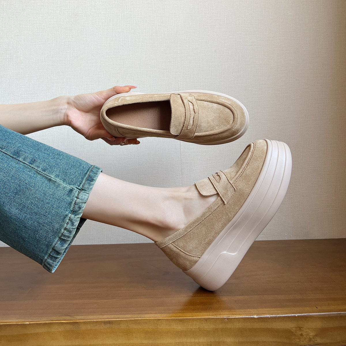 Women's Height Increasing Insole Versatile Style White Slip-on Thick Sneakers