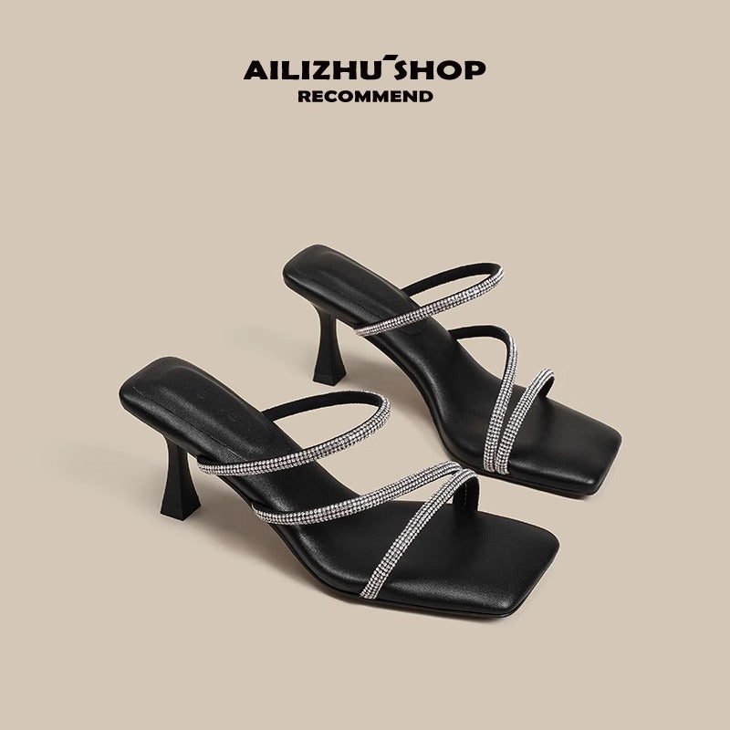 Women's Fairy Style Square Toe Rhinestone Thick Summer Wear Not Sandals