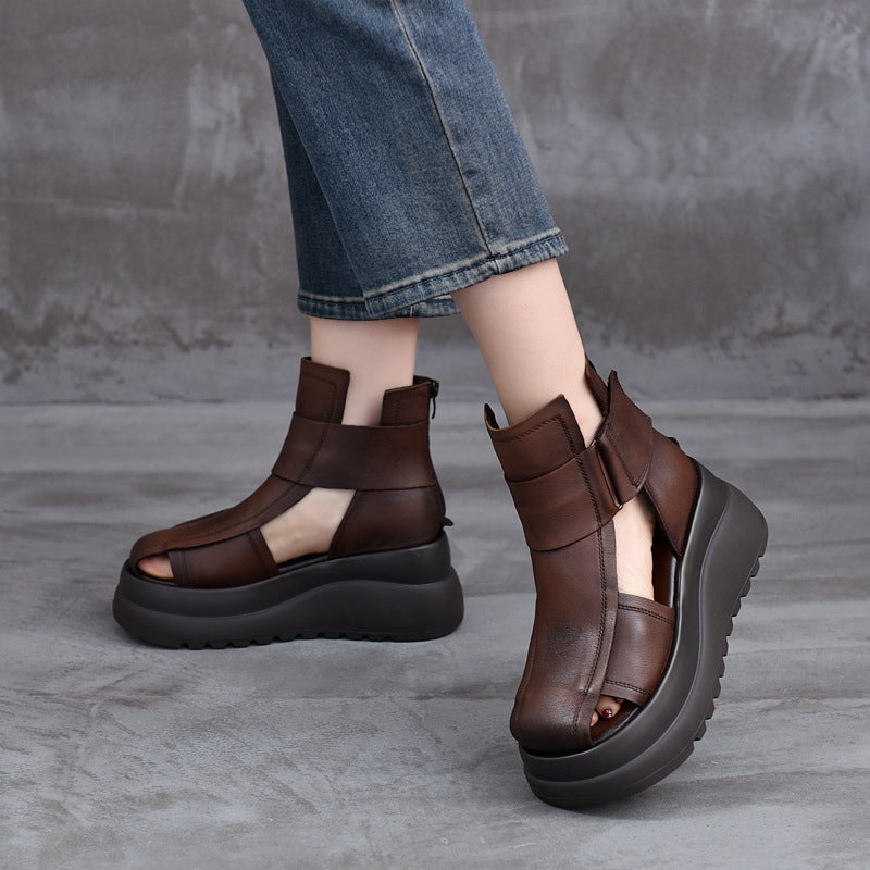 Women's Cowhide Height Increasing British Style Roman Sandals