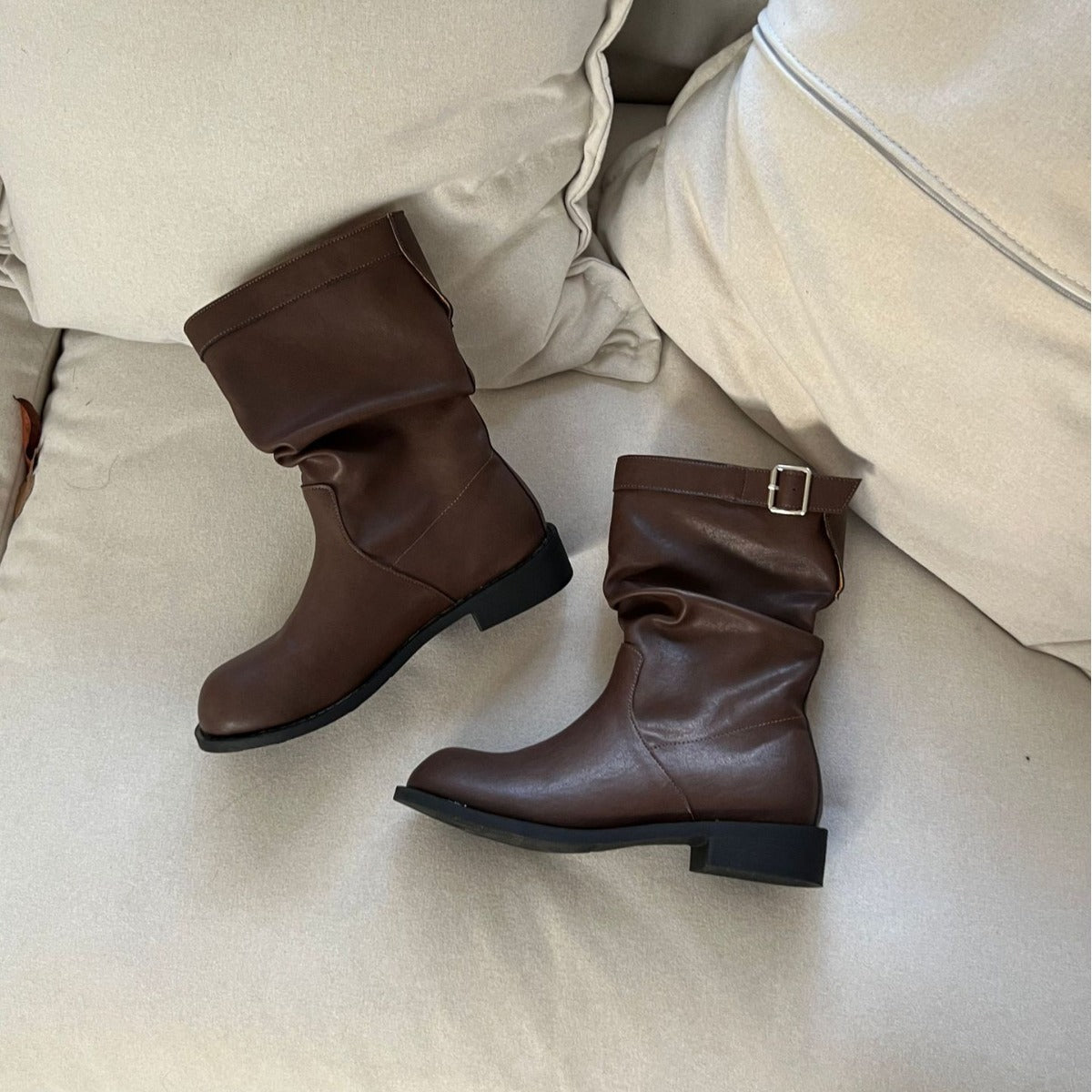 Women's For Retro Round Toe Belt Buckle Slimming Boots