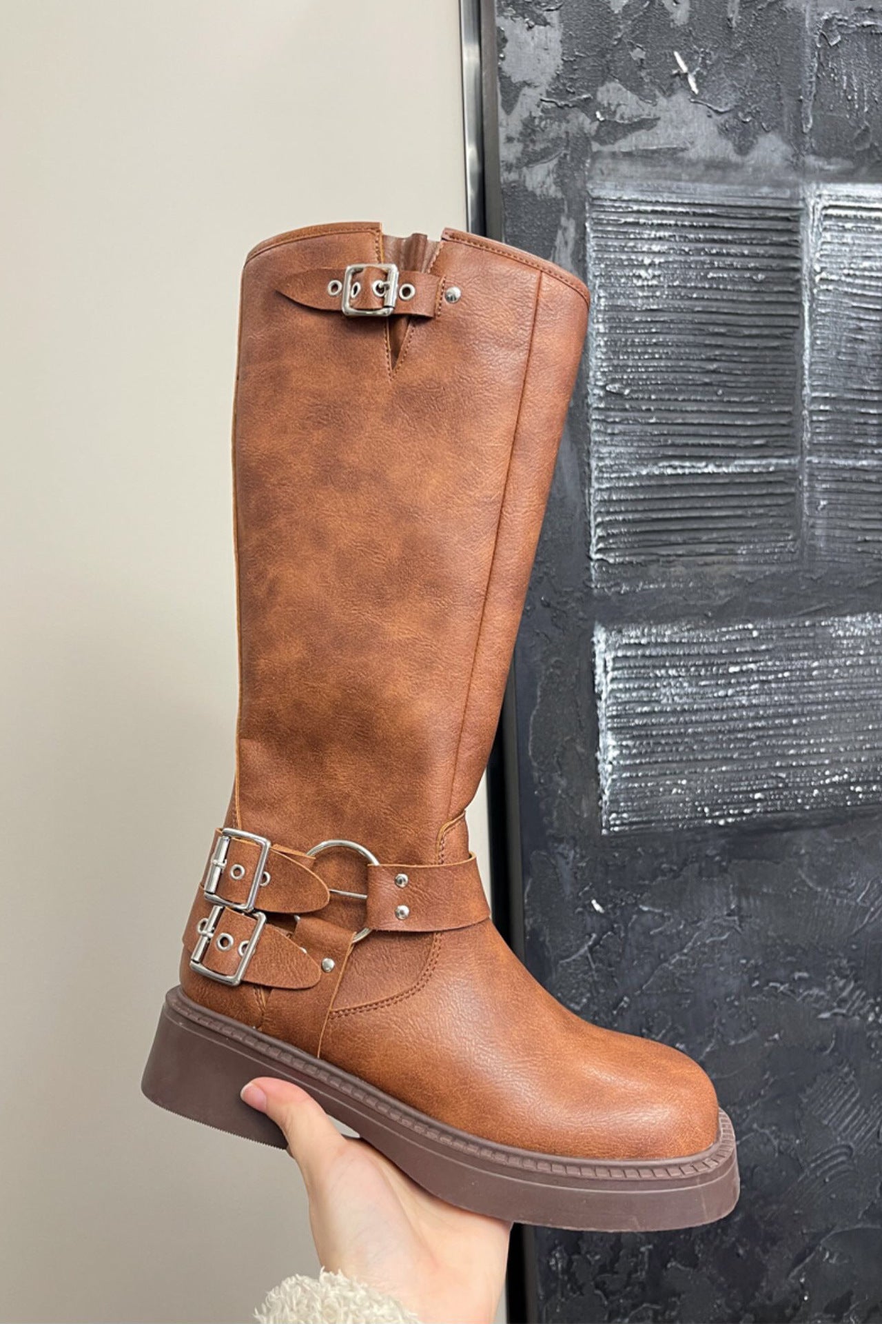 Women's Western Cowboy Punk High Metal Belt Buckle Boots