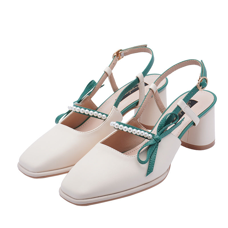Style Chunky Spring Pearl Mid Back Empty Bow Heels