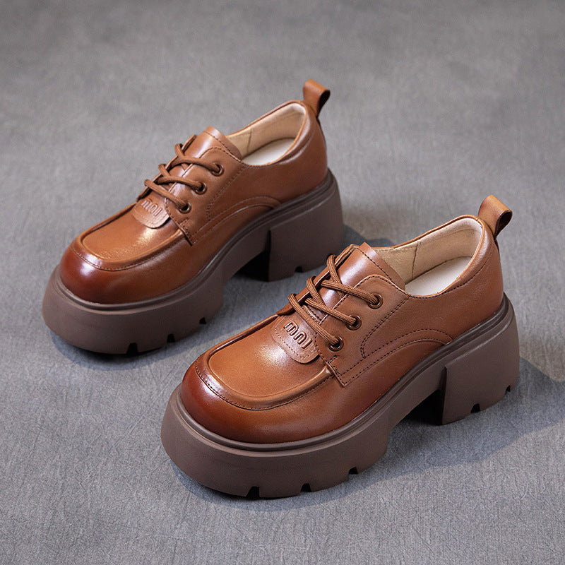 Women's Cowhide Autumn Authentic Platform Thick Bottom Retro Casual Shoes