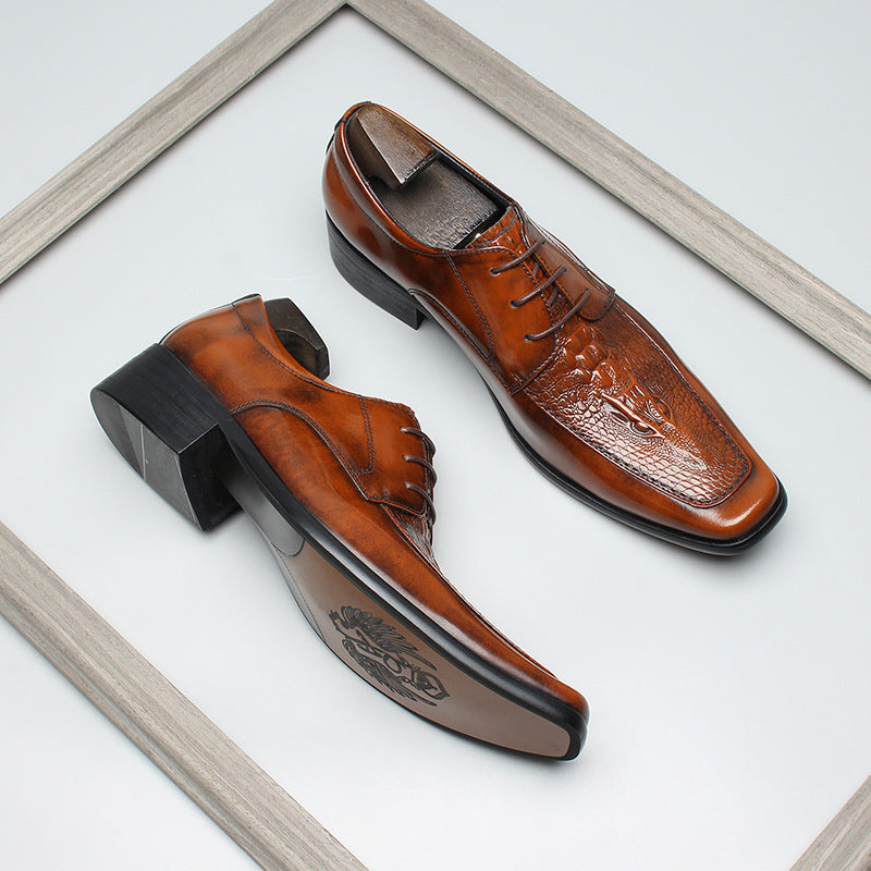 Men's Layer Cowhide Gentleman Fashion Warped Head Crocodile Leather Shoes