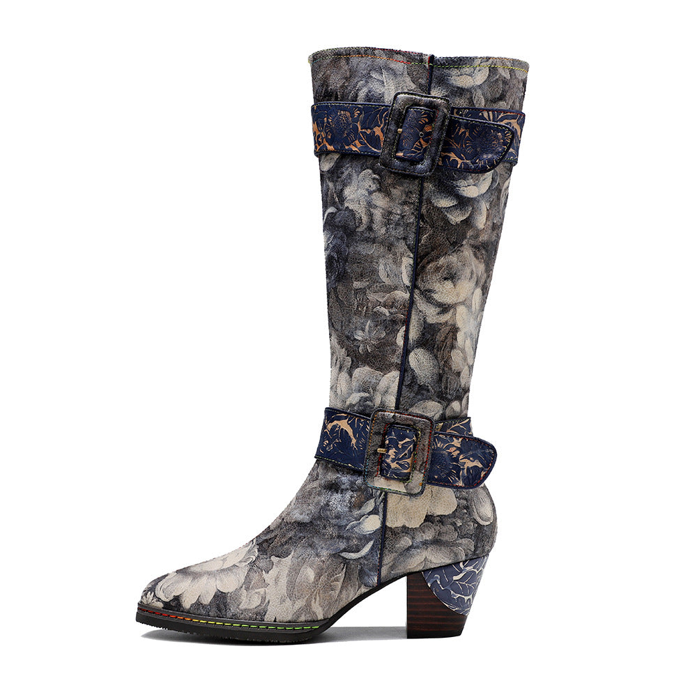 Women's Painting Landscape Pattern Printed Belt Buckle Boots