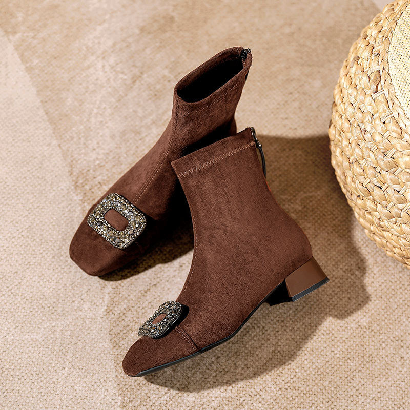 Women's Square Toe Suede Short Thick Middle Boots